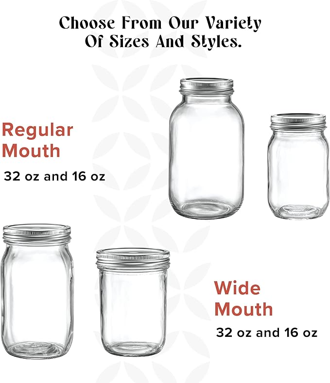 [6 Pack] 32 oz. Regular-Mouth Glass Mason Jars - with Metal Airtight Lids and Bands 1 quart Large for Canning, Preserving, & Meal Prep
