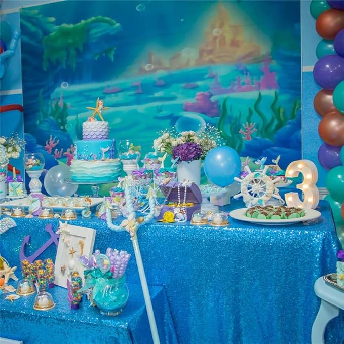 QueenDream Aqua Blue Tablecloth 60 x 102 Inch Sequin Tablecloth for Party Decorations Glitter Tablecloth for Bridal Baby Shower Wedding