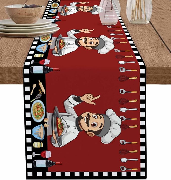 Red Chef Gourmet Cotton Linen Table Runner for Dining Kitchen, Wedding Outdoor Party Tablerunners Decoration, Black White Check Plaid Funny Kitchen Dresser Scarf Coffee Tablecloth Runners 13x36 Inches
