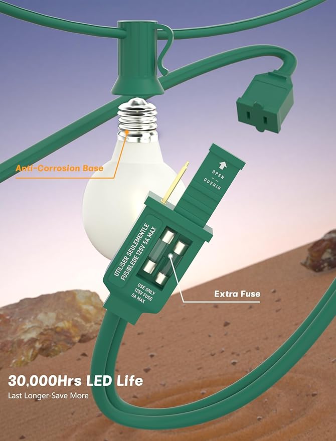String Lights: 25 Ft G40 Globe, 27 Frosted White LED Bulbs