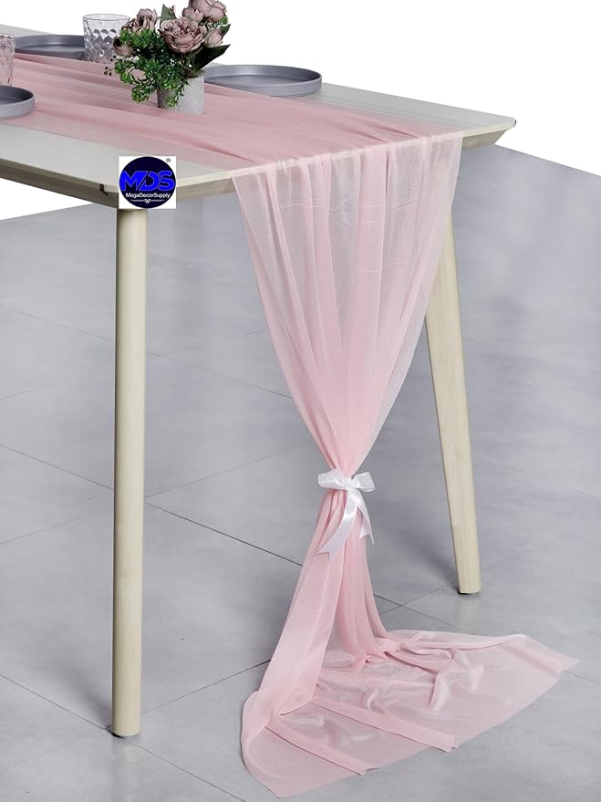 MDS 20 Pack 10ft Chiffon Table Runner 29 x 120 Inches Sheer Wedding Runner Romantic Rustic Table Runner for Wedding Decorations, Birthday Parties, Bridal Shower Party Arch Decor - Blush Pink