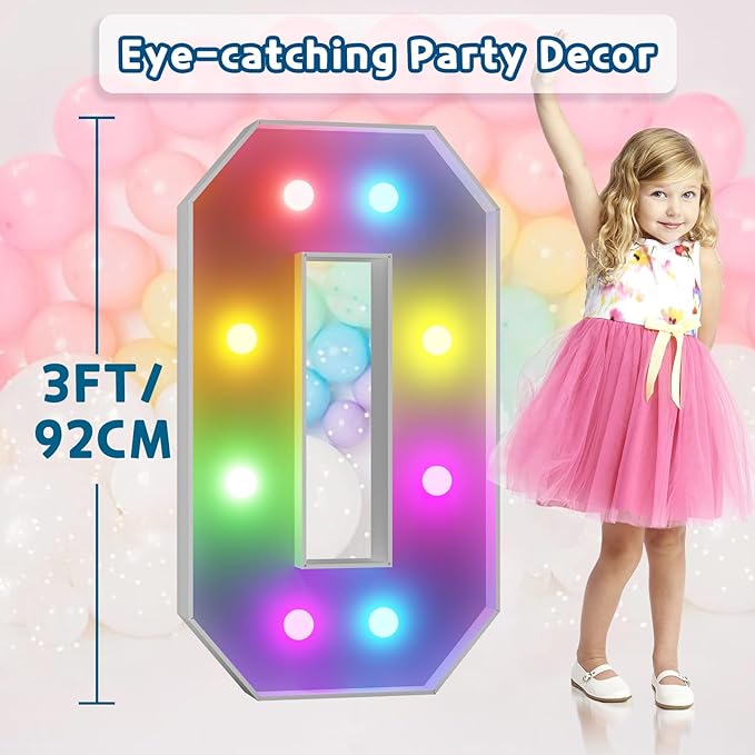 Light Up Marquee Number 0 Sign, 3 ft Color Changing with Remote Control