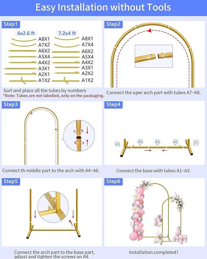 Arch Backdrop Stand Set, Gold Metal, 7.2ft and 6ft Heights