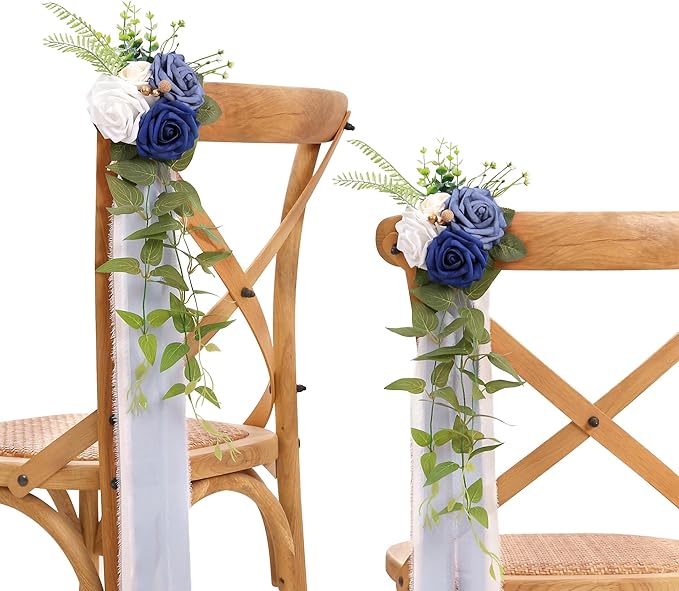 Artificial Rose Pew Flowers, Blue, Set of 10 with Chiffon Ribbon