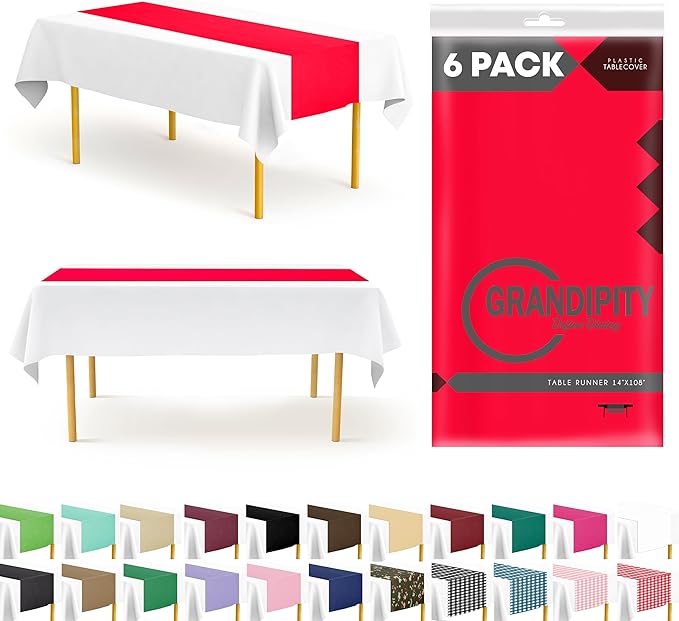 Red 6 Pack Premium Disposable Plastic Table Runner 14 x 108 Inch. Table Runner for Dinner Parties & Events by Grandipity
