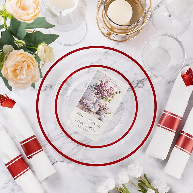 Party Plates Set in Red Plastic, 175 Pieces for 25 Guests