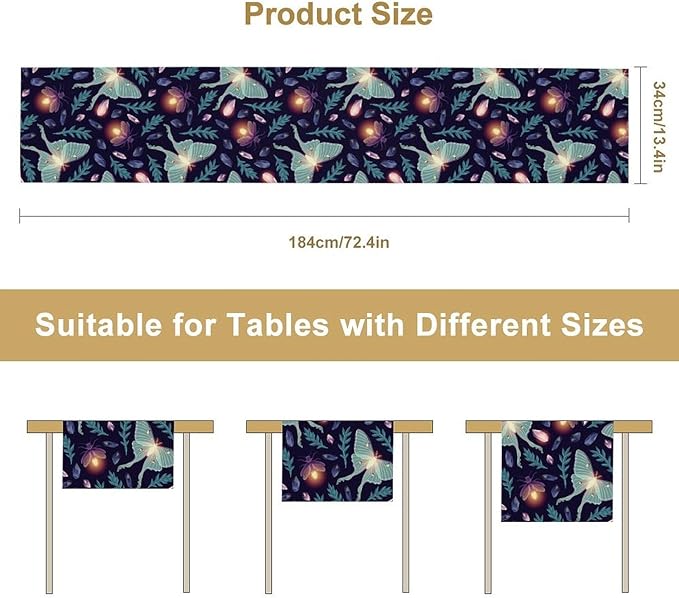 Moth Table Runner, Retro Boho Aesthetic Blue Moth Magic Table Runner for Home Kitchen Dining Party Indoor Outdoor Decoration 13x70 Inch