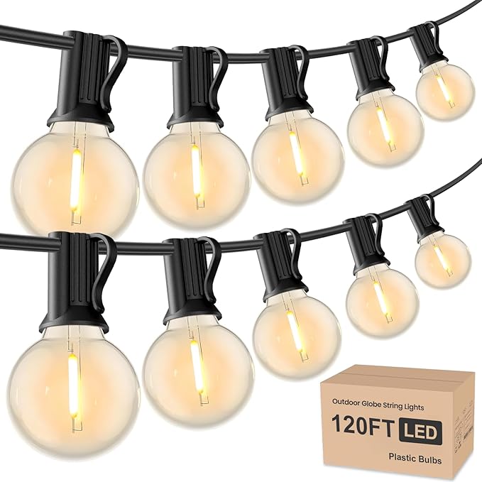 String Lights, 120 Ft Black Outdoor Dimmable Warm White LED Globe Bulbs
