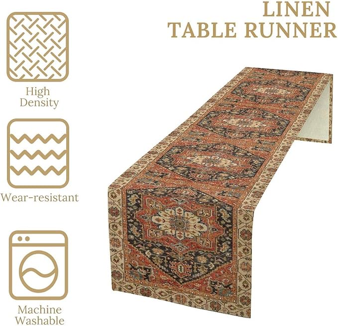 Vintage Boho Floral Table Runner, Rustic Country Farmhouse Orange Black Retro Flower Pattern for Home Kitchen Table Decor Dining Coffee Room Party Decor 13x36in