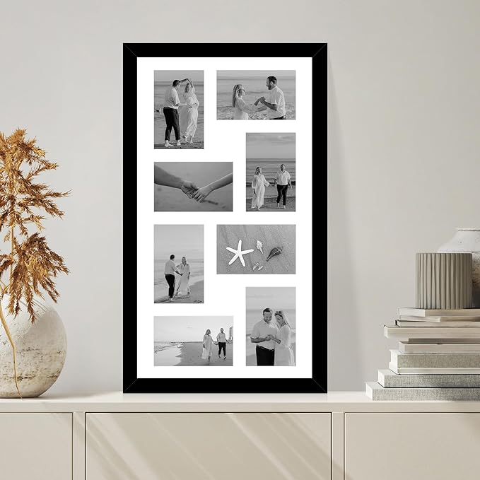 12x22 Picture Frame Set of 2, Black with Glass Collage Frame, Display Eight Opening 4x6 Photos With Mat or 12 x 22 Newspaper Without Mat - Horizontal or Vertical Wall Mounting