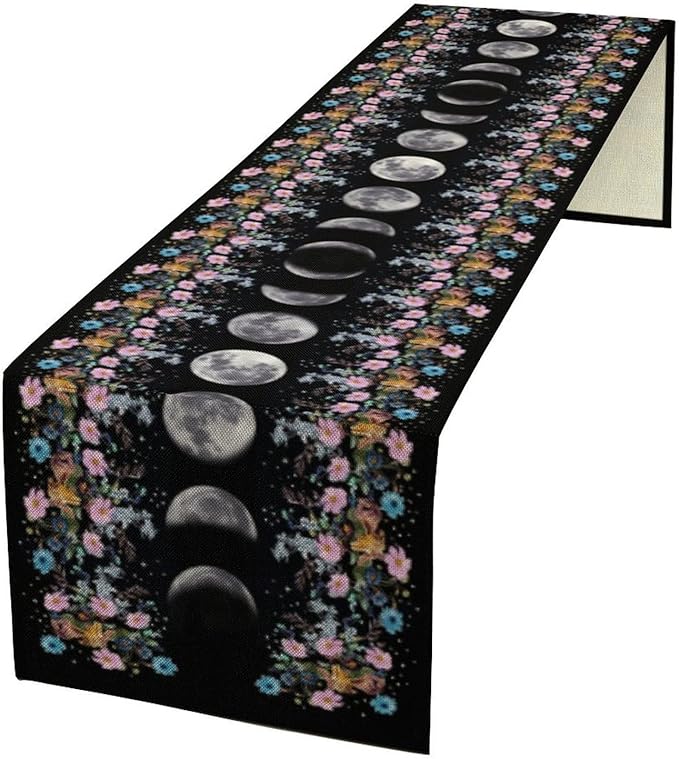 Boho Floral Moon Table Runner, Spring Flower Leaves Mystical Gothic Sun Moon Table Runner for Kitchen Dining Table Home Party,13x120 Inch Purple