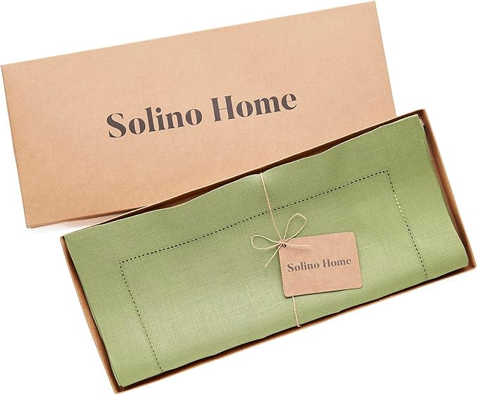 Solino Home Linen Moss Green Table Runner 72 Inches Long - 100% Pure Linen Hemstitch Table Runner 14 x 72 Inch for Dresser, Dining, Fall, Autumn, Halloween, Thanksgiving - Classic Hemstitch