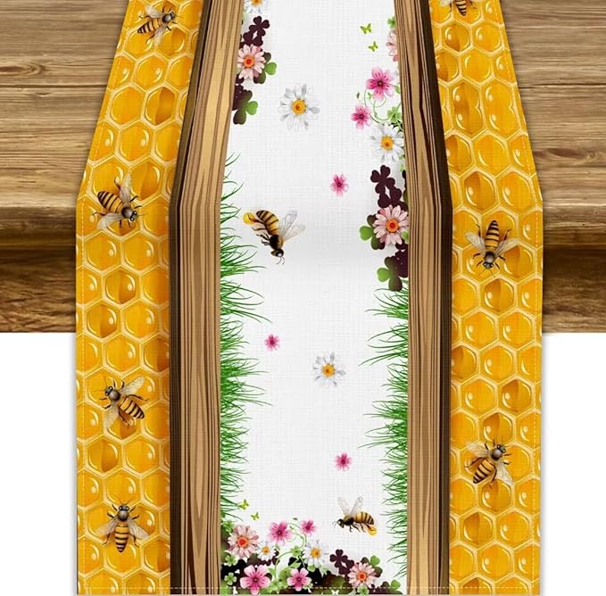 Watercolor Honeycomb Table Runner, Farmhouse Spring Summer Autumn Fall Floral Daisy Bee Print Kitchen Dining Table Decoration for Home Party Decor, 13x70inch