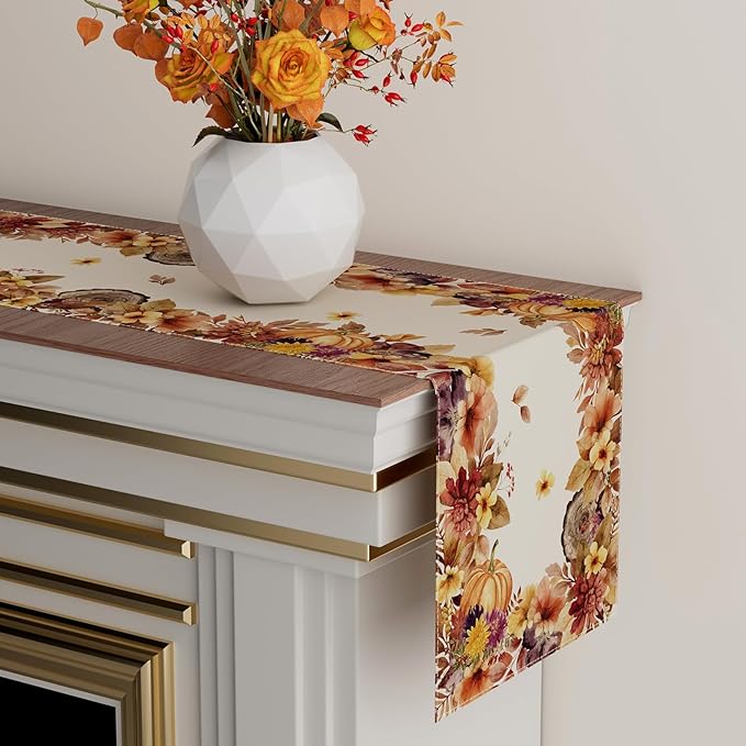 XCHI Fall Color Wild Flowers Watercolor Table Runner Table Decoration for Kitchen Dining Dinner Autumn Home Decor 13x108 Inch