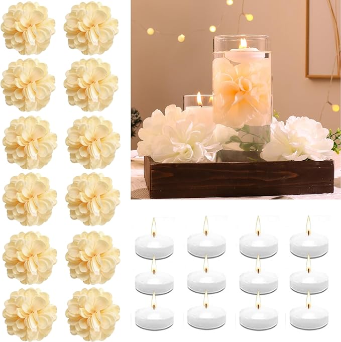 Vase Fillers with 12 Floating Flowers and 12 Candles, Unscented