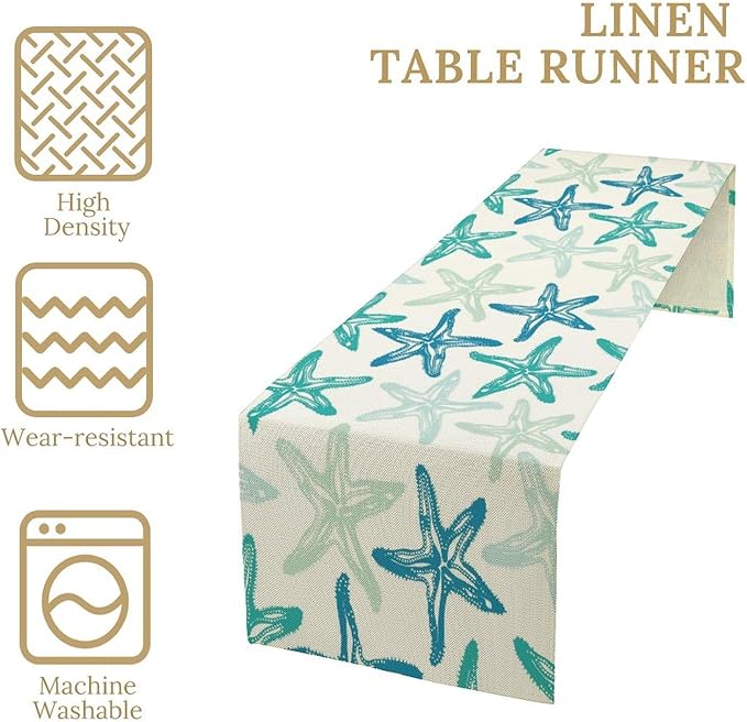 Starfish Plaid Table Flag Green Plaid and Marine Life Starfish Kitchen Table Flag Suitable for Birthday Party Restaurant Decoration Outdoor Picnic 13 * 90 Inch