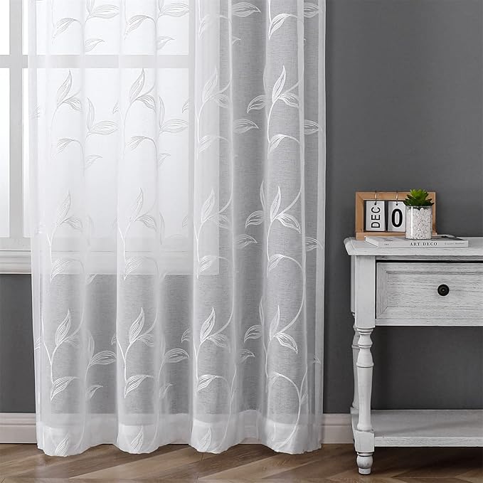 VISIONTEX White Sheer Voile Curtains, Decorative White Embroidery Faux Linen Rod Pocket Window Drapes for Home Kitchen, Living Room and Bedroom 54 x 63 Inch, Set of 2 Curtain Panels