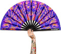 UV Glow Rave Fan, Bamboo Folding Clack Hand Fans Foldable for Men Women, Boots on the Ground Poping Fan for EDM Festival Line Dance Decoration, (Wellen, Medium 11")