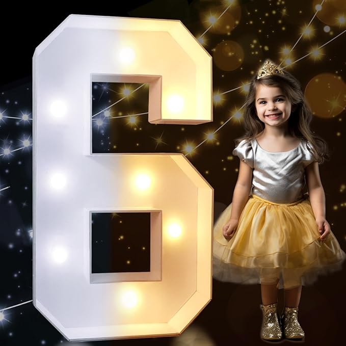 Party Decoration Light Up Marquee Number 6, 3 Ft Foam, Warm or Cold White