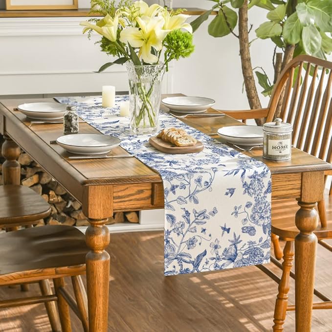 Artoid Mode Monochrome Sketch Birds and Flowers Spring Table Runner, Seasonal Summer Fall Kitchen Dining Table Decoration for Home Party Decor 13x60 Inch