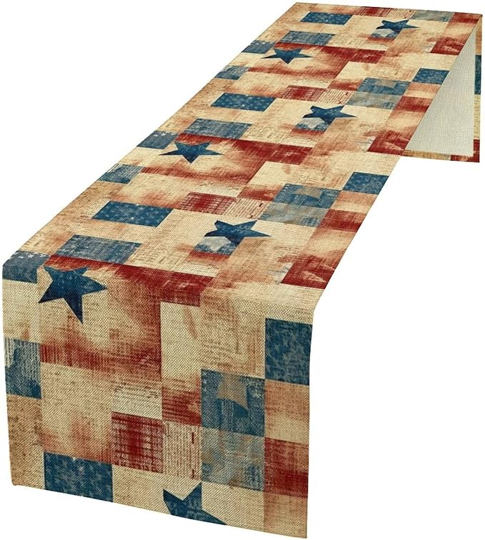 4th of July Table Runner, Rustic Vintage Country Red White Blue American Stars Independence Day Print Table Cover for Farmhouse Kitchen Dining Table Decor, 13x60inch