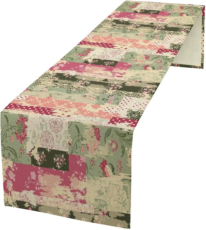 Patchwork Flower Table Runner,Abstract Colorful Floral Retro Style Hand Drawn Tablecloth Burlap for Hotel Indoors Outdoor Dining Room Kitchen Home Decor,W13X L36 in