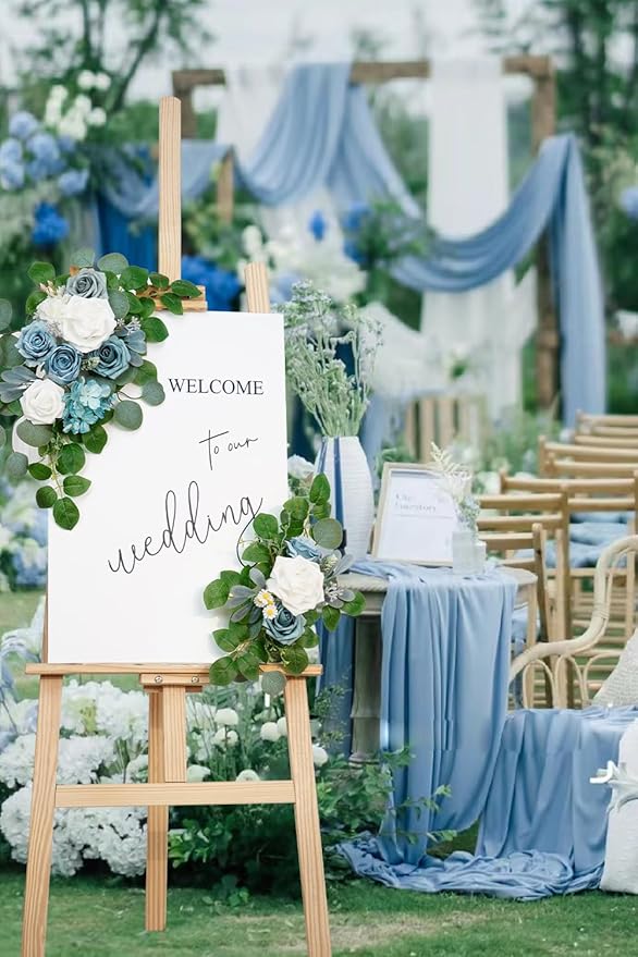 Artificial Flowers Arch Decor, Sky Blue Silk and Foam, Set of 2