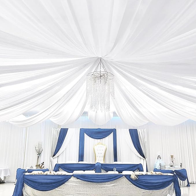 6 Panels White Ceiling Drapes 5ftx30ft Sheer Drapery Ceiling Curtains Chiffon Fabric Arch Draping for Wedding Party Ceremony Birthday Baby Shower Reception Stage Ceiling Decorations