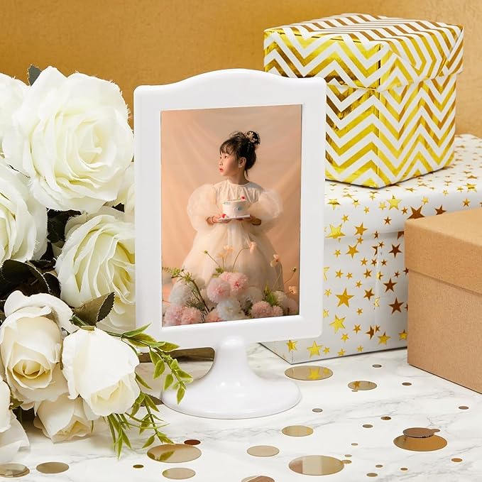 NahNah Double Sided Standing Picture Frames - (White, 10 Count) 4x6 Inch, Plastic Pedestal Photo Frame with Inserts and Base - 2 Sided Tabletop Vertical Display Frame for Wedding Table Bridal