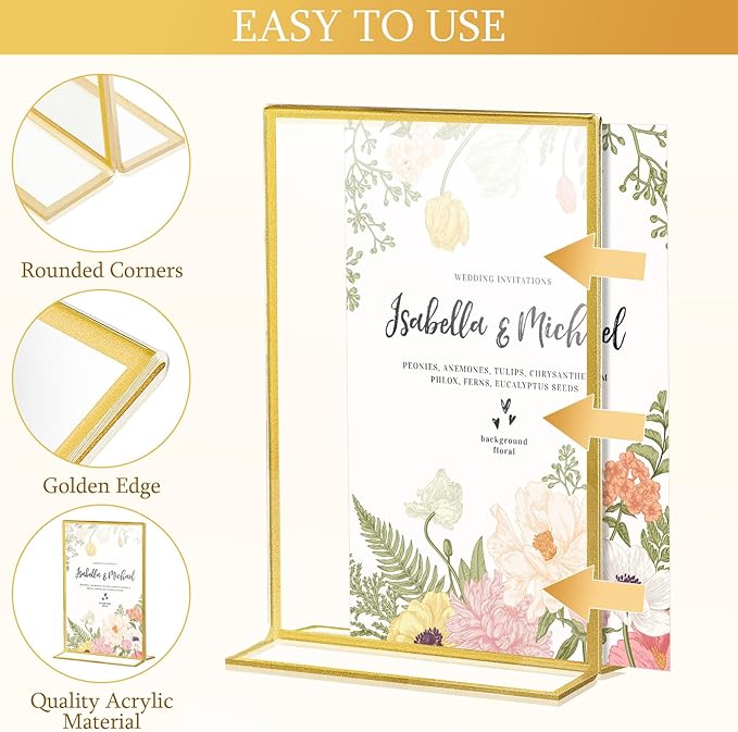 Hoteam 18 Pack Acrylic Sign Holder 4 x 6 Inch Gold Frames Wedding Table Number Holders, Double Sided Picture Frame Clear Display Menu Stand for Home Photo Flyers Wedding Party (Horizontal, Vertical)
