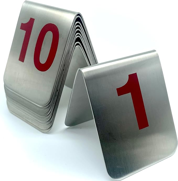 10 Pcs Metal Place Cards Stackable Tent Style Table Numbers，Place Card Holders for Celebration Wedding Party Restaurants Cafes Bars Gatherings meeting Room Board Game Serial (Medium 1-10, Red)