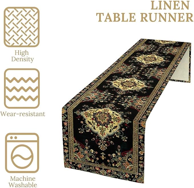 Colorful Boho Flower Table Runner, Vintage Rustic Farmhouse Paisley Hand Drawing Print Pattern for Home Kitchen Table Decor Dining Coffee Room Garden Party Decor 13x72in