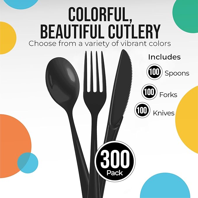 Disposable Plastic Cutlery Set, 300 Pieces, Black Heavy Duty