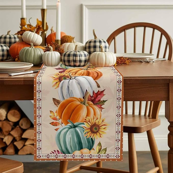 Fall Thanksgiving Southwest Cotton Linen Table Runner for Dining Kitchen, Orange Pumpkins Wedding Outdoor Party Rustic Tablerunners Decoration, Sunflower Dresser Scarf Tablecloth Runners 13x108 Inches