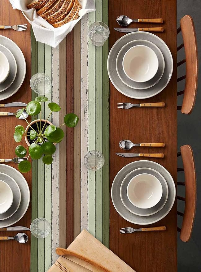 Sage Green Wooden Cotton Linen Table Runner for Dining Kitchen, Wedding Outdoor Party Tablerunners Decoration, Vintage Country Retro Distressed Grain Dresser Scarf Coffee Tablecloth Runners 13''x60''