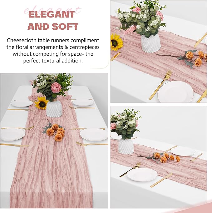 Aktor 12 Pack Dusty Pink Table Runner Boho Cheesecloth Table Runner Semi Sheer Gauze Fabric Runners for Wedding Birthday Baby Shower Party Boho Table Decoration（Dusty Pink）