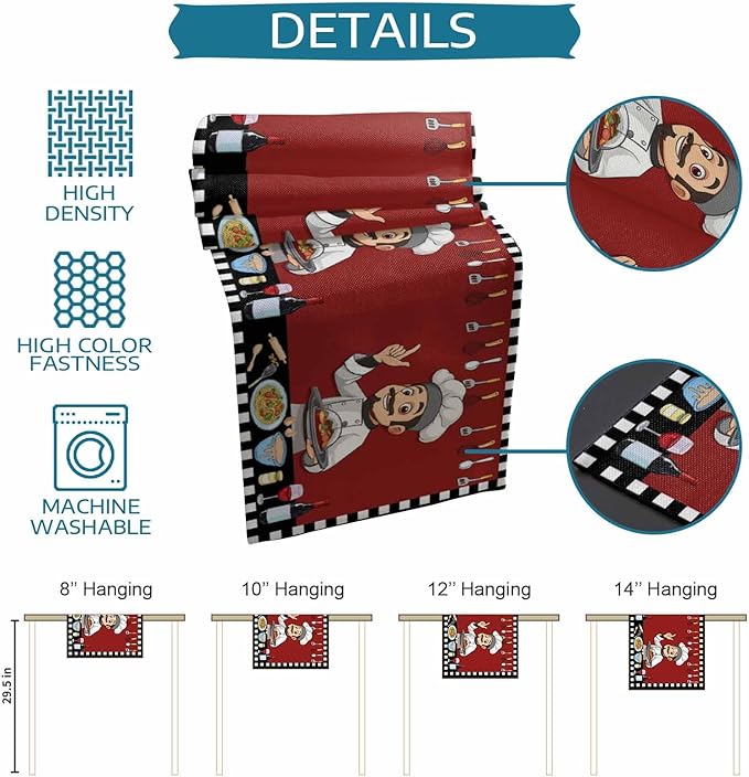 Red Chef Gourmet Cotton Linen Table Runner for Dining Kitchen, Wedding Outdoor Party Tablerunners Decoration, Black White Check Plaid Funny Kitchen Dresser Scarf Coffee Tablecloth Runners 13x60 Inches