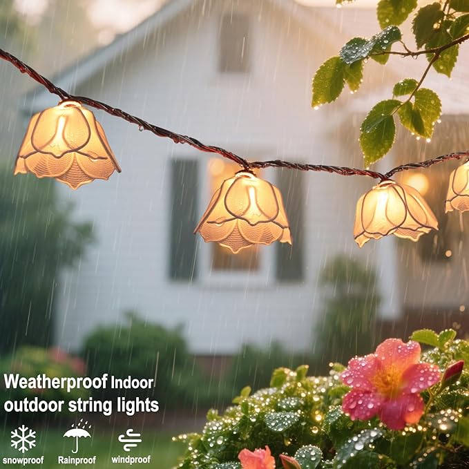 String Lights with Floral Garlands, Warm White Bulbs, Indoor and Outdoor