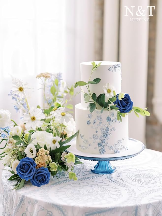 N&T NIETING Artificial Flowers Roses 25Pcs Fake Flowers Foam Roses with Stems for Halloween DIY Wedding Bridesmaid Bridal Bouquets Centerpieces Party Home Decoration Baby Shower, Navy Blue