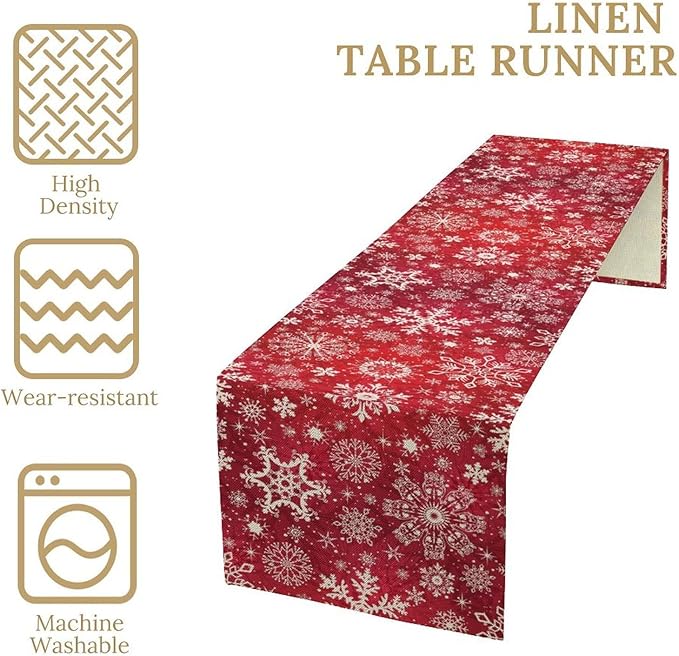 Snowflakes Christmas Table Runner, Winter Holiday Red Table Cloth Kitchen Dining Table Decoration for Home Party Decor 13x90 Inch
