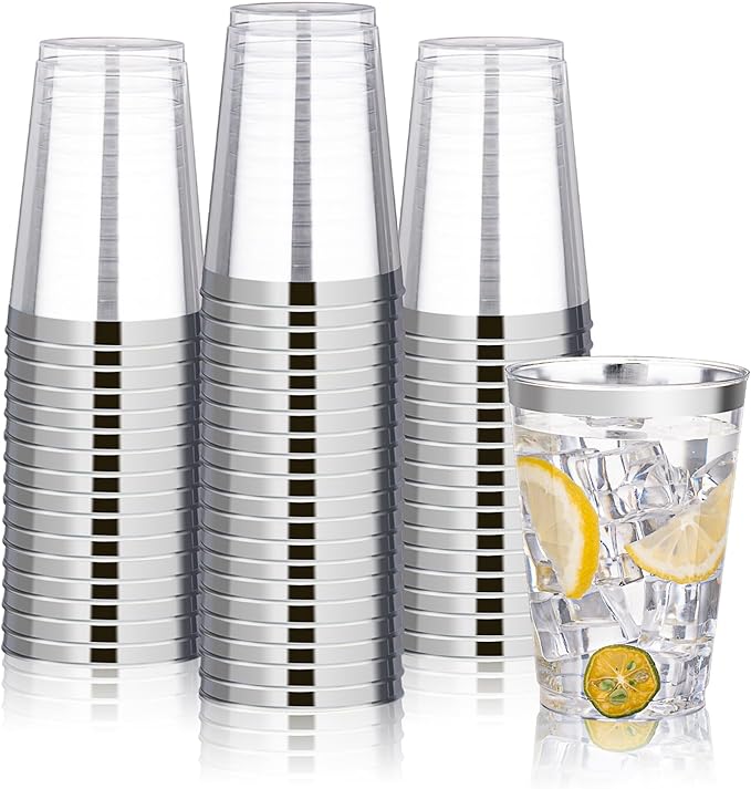 Disposable Plastic Cups with Silver Rim, 12 oz, 100 Count Clear