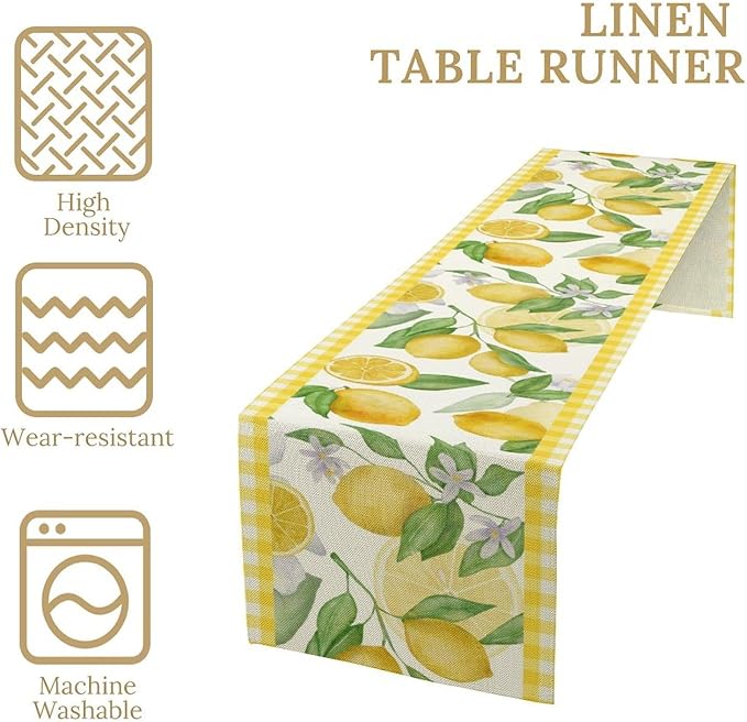 Lemon Table Runner,Yellow White Buffalo Plaid Summer Table Runner for Kitchen Dining Table Home Party Decoration 13x60 Inch