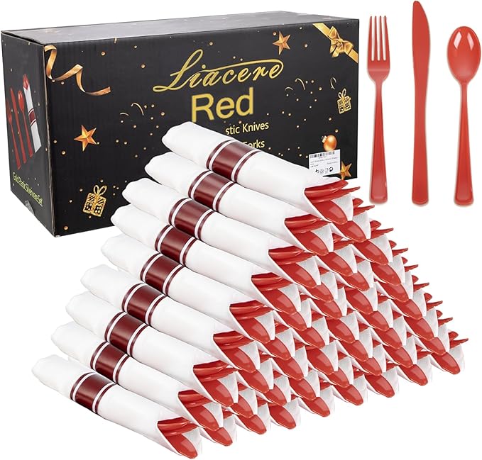 Red Plastic Disposable Spoon, Fork and Knife Set with Napkins, 400 Pieces