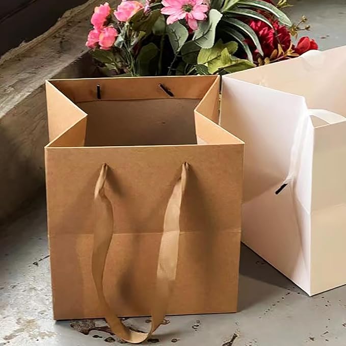 Kraft Paper Gift Bag Small Square Bottom Kraft Paper Bags with Handles (Natural Kraft, 8 x 8 x 8 in, 10 CT)
