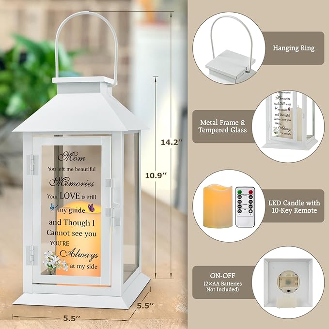 Decorative Candle Lantern Memorial Gift, Metal and Glass, LED with Remote