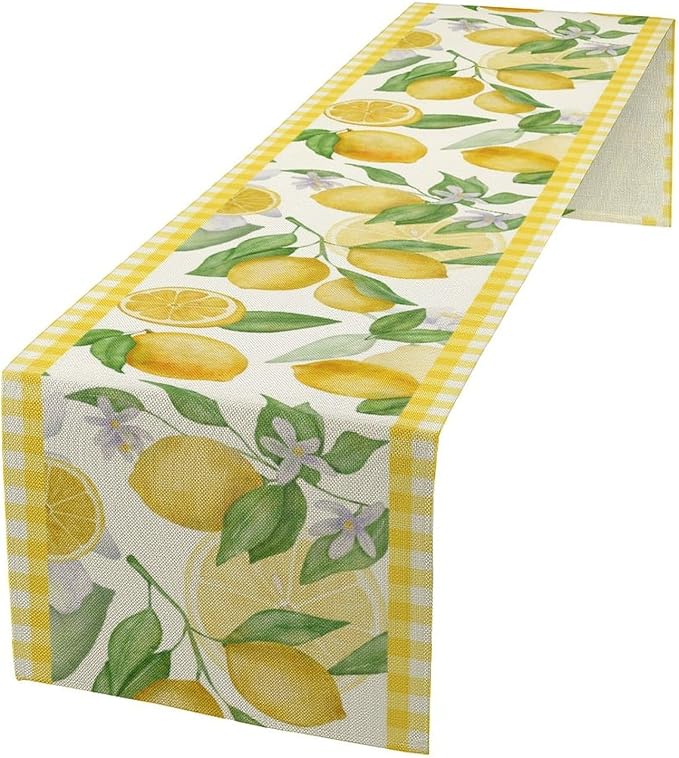 Lemon Table Runner,Yellow White Buffalo Plaid Summer Table Runner for Kitchen Dining Table Home Party Decoration 13x72 Inch