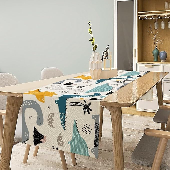 Cartoon Dinosaur Table Runner,Kids Boys Cute Various Dino Moutain Modern Abstract Print Tablecloth Burlap for Hotel Indoors Outdoor Dining Room Kitchen Holiday Party, 13x60in