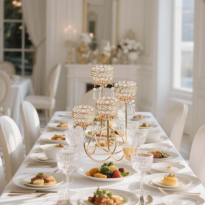 4 Arms Crystal Candelabra Tealight Holder - Tall 15.7 Inch Elegant Centerpiece with Crystal Pendant Bowls & Artistic Metal Stand for Wedding, Dining Table, Home Decor (2, Gold)