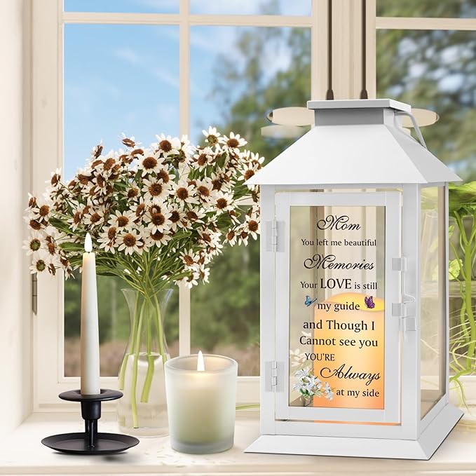 Decorative Candle Lantern Memorial Gift, Metal and Glass, LED with Remote