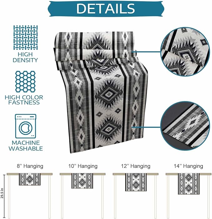 Aztec Southwest Cotton Linen Table Runner for Dining Kitchen, Wedding Outdoor Party Tablerunners Decoration, Boho Ethnic Tribes Vintage Grey Dresser Scarf Coffee Tablecloth Runners 13x72 Inches